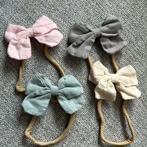 Baby headband bows. Set of 4. Pink, grey, dusty blue, and ivory